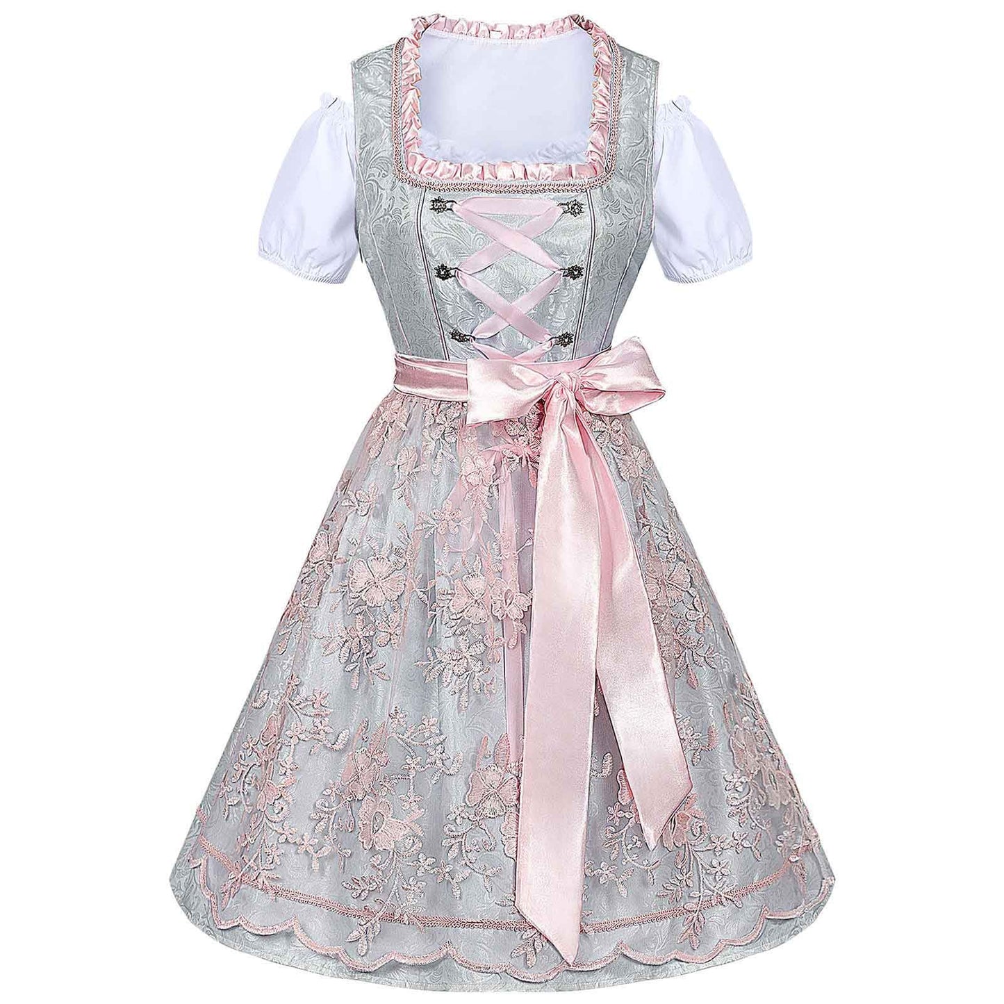 Costume d'Oktoberfest : robe rose Dirndl avec tablier et chemisier en dentelle
