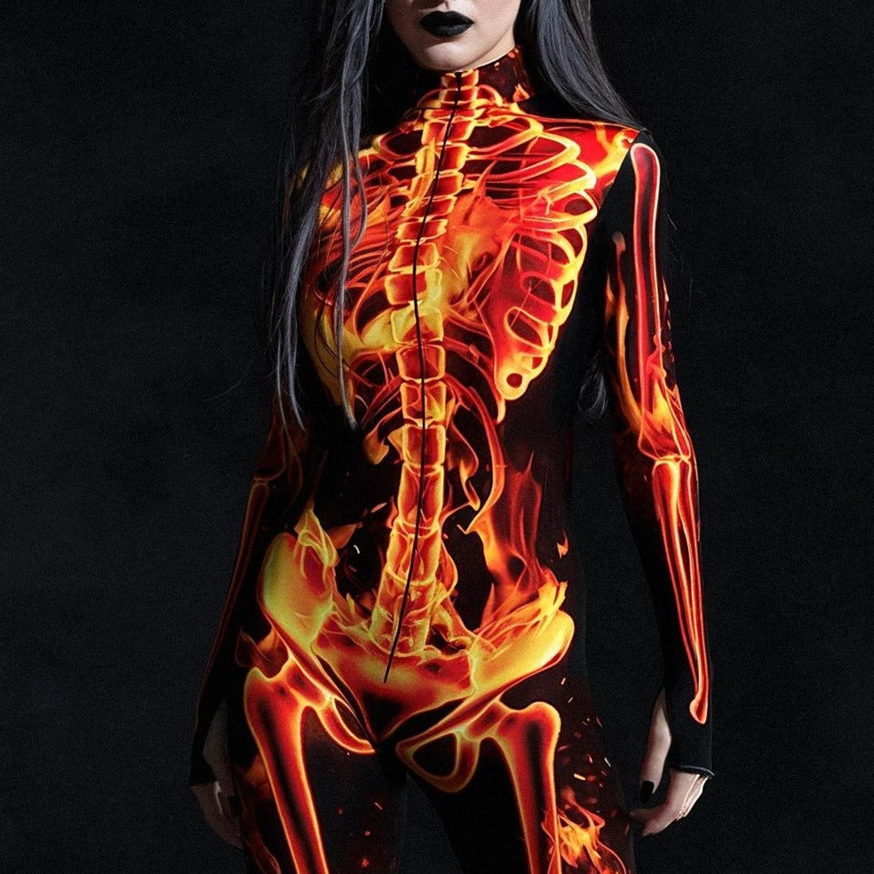 Women’s Fire Skeleton Skull Full Body Catsuit
