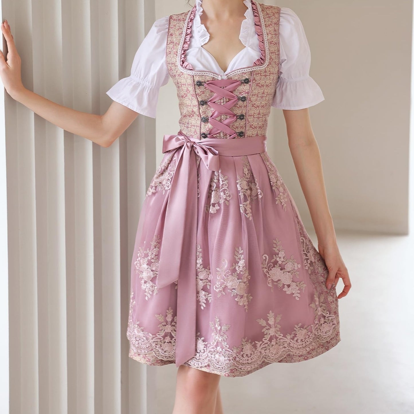 Oktoberfest Pink Dirndl Dress with Lace Apron and Blouse - Retrorobe