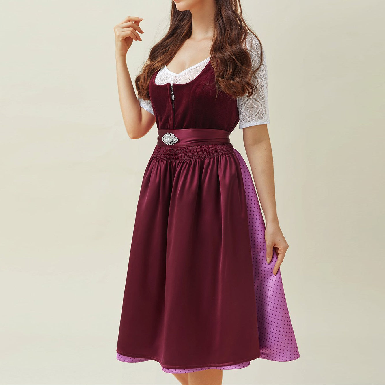 Oktoberfest Purple Elegant Dirndl Dress with Apron