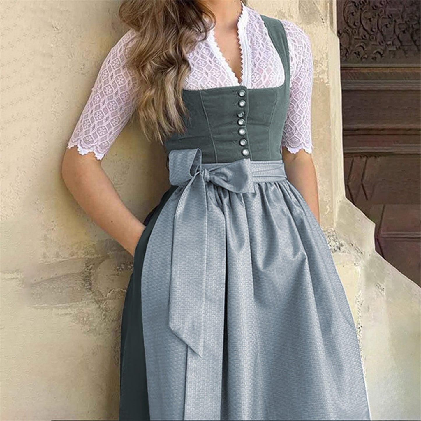 Oktoberfest Women's Grey Dirndl Dress with Apron