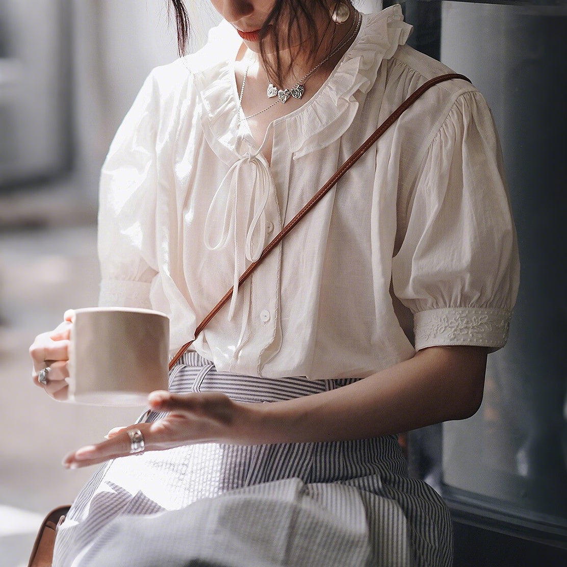 Vintage Tie-Neck Embroidered Ruffle Collar Puff Sleeve Blouse - Retrorobe