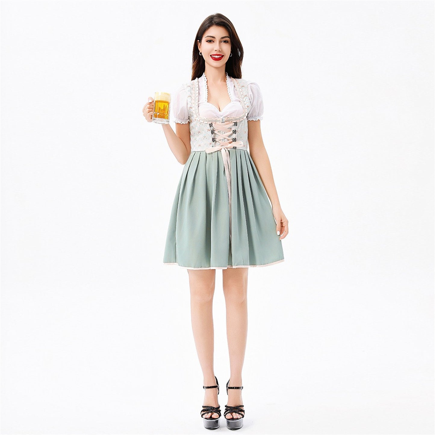 Oktoberfest Green Dirndl Dress with Blouse and Lace Apron
