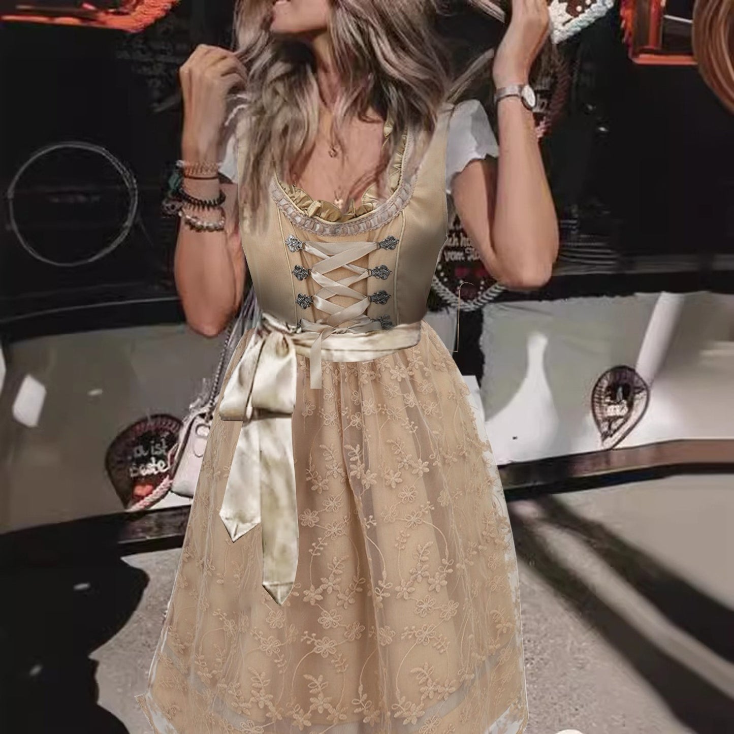 Oktoberfest Apricot Vintage Dirndl Dress with Apron