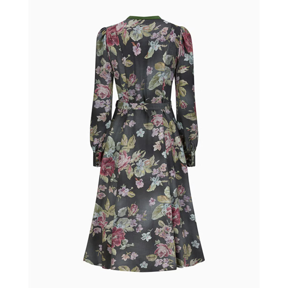 Women's Floral Long Sleeve Dirndl Dress Stand Collar Button Down with Apron