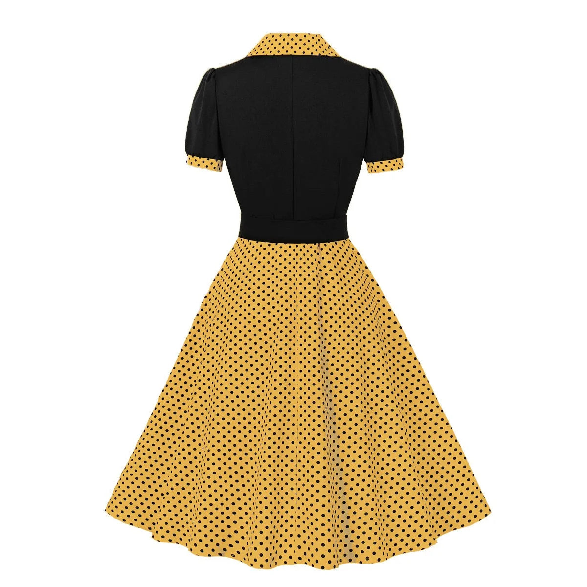 Women's 1950s Polka Dot Patchwork Lapel Collar Belted A-Line Rockabilly Dress