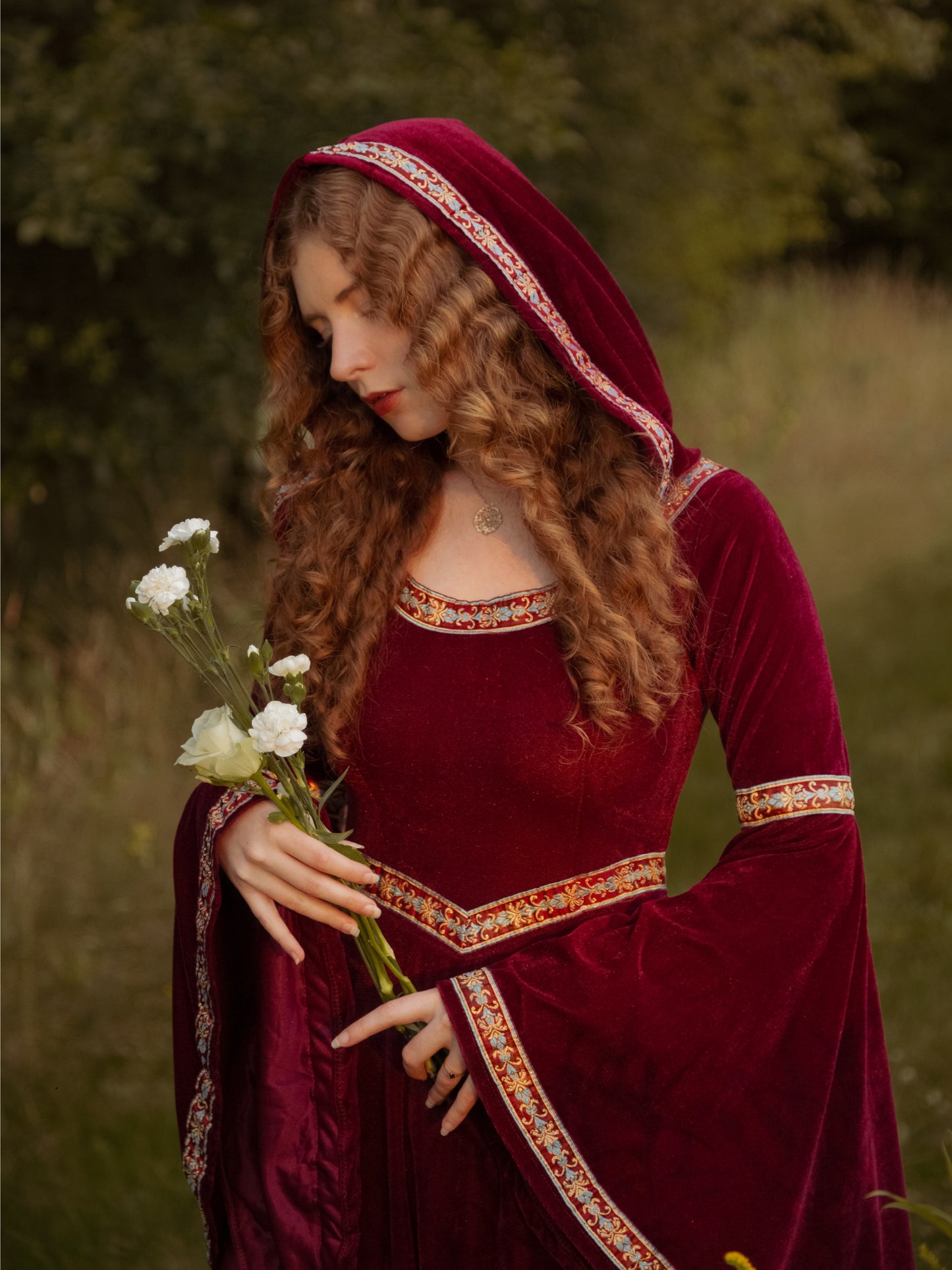 Renaissance Velvet Gown with Hood and Bell Sleeves