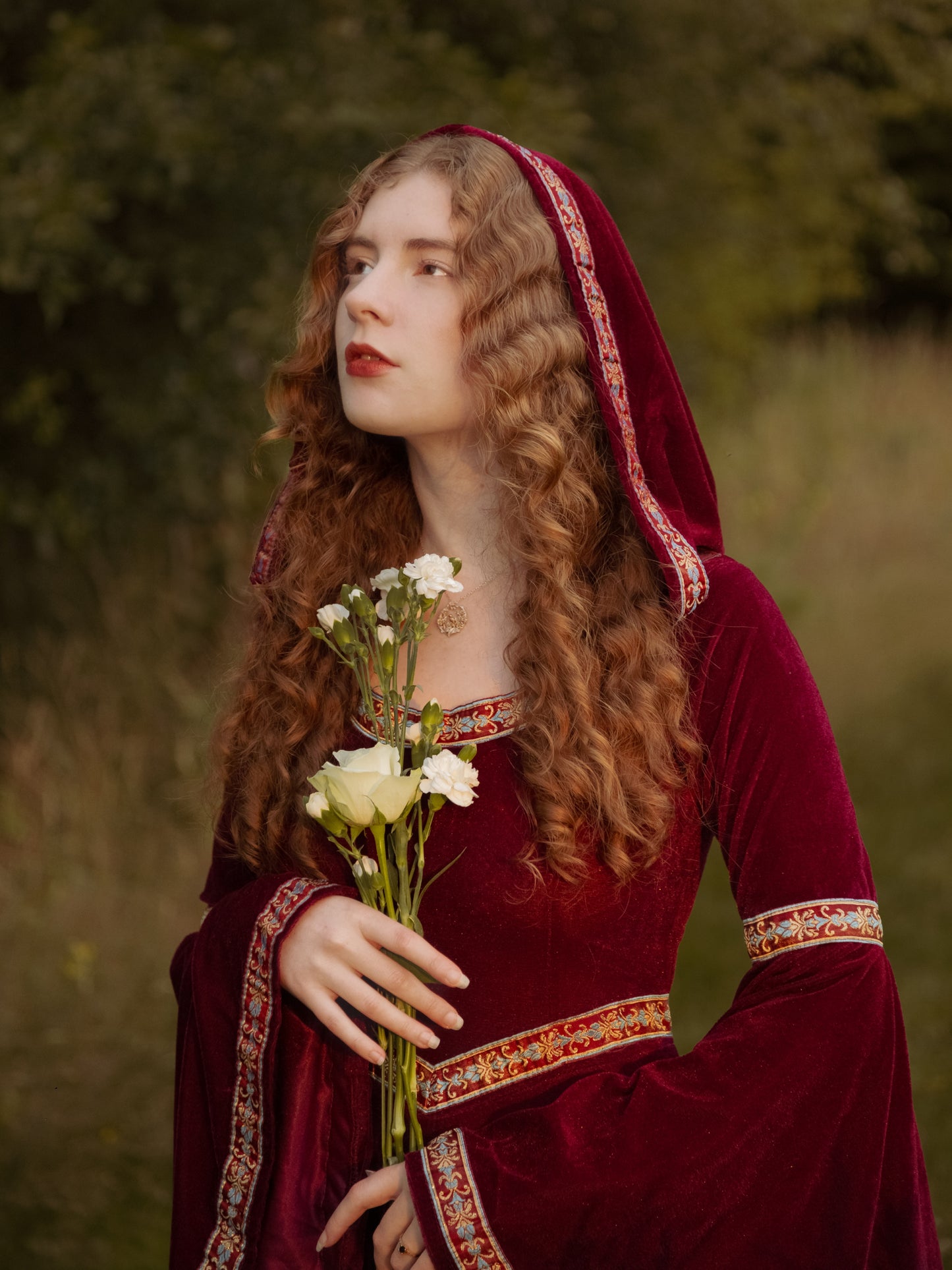 Renaissance Velvet Gown with Hood and Bell Sleeves
