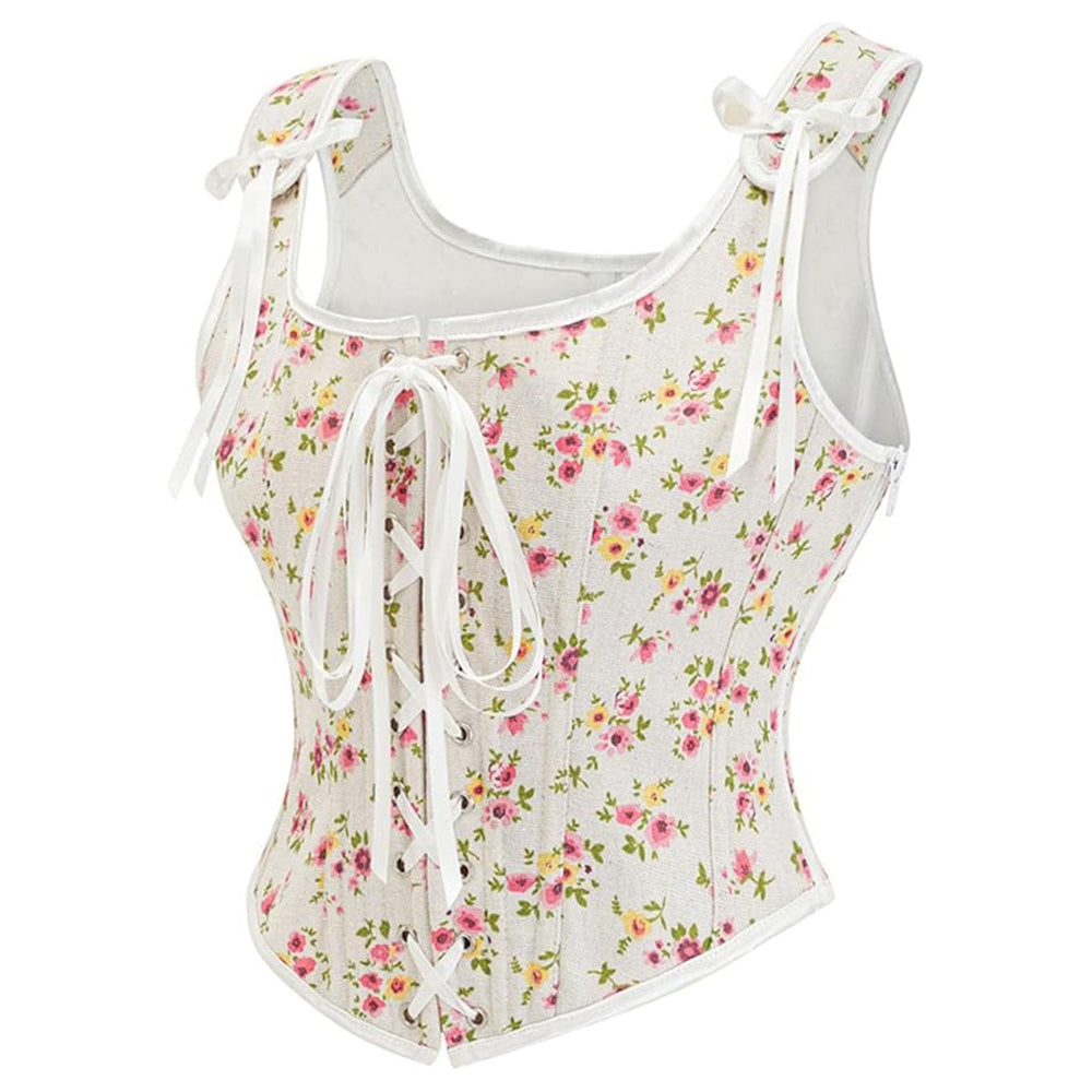 Vintage Floral Print Lace-Up Front U-Back Corset Top