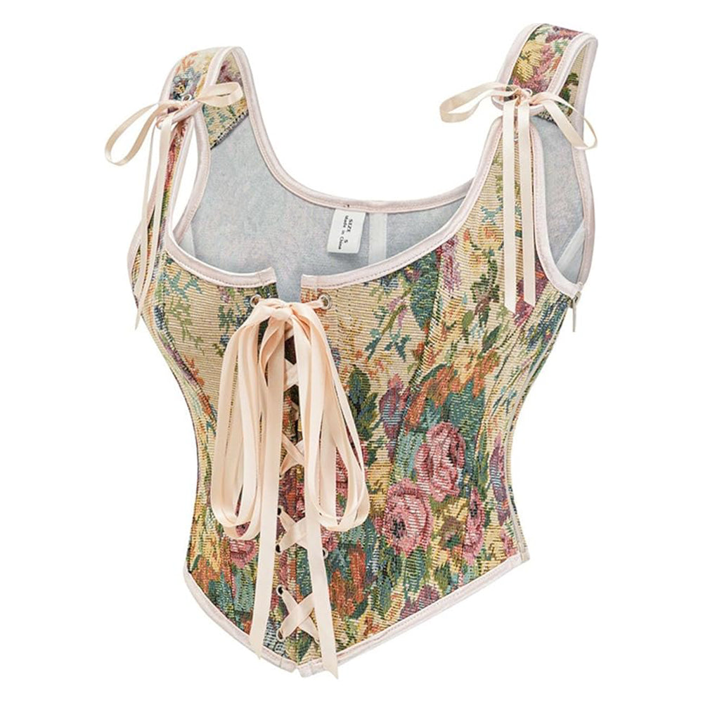 Vintage Floral Tapestry Lace-Up Front U-Back Corset Top