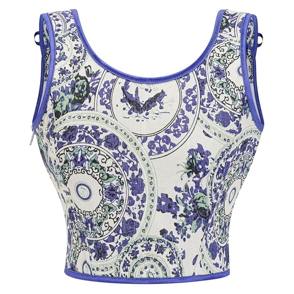Paisley Floral Lace-Up Front U-Back Corset Top