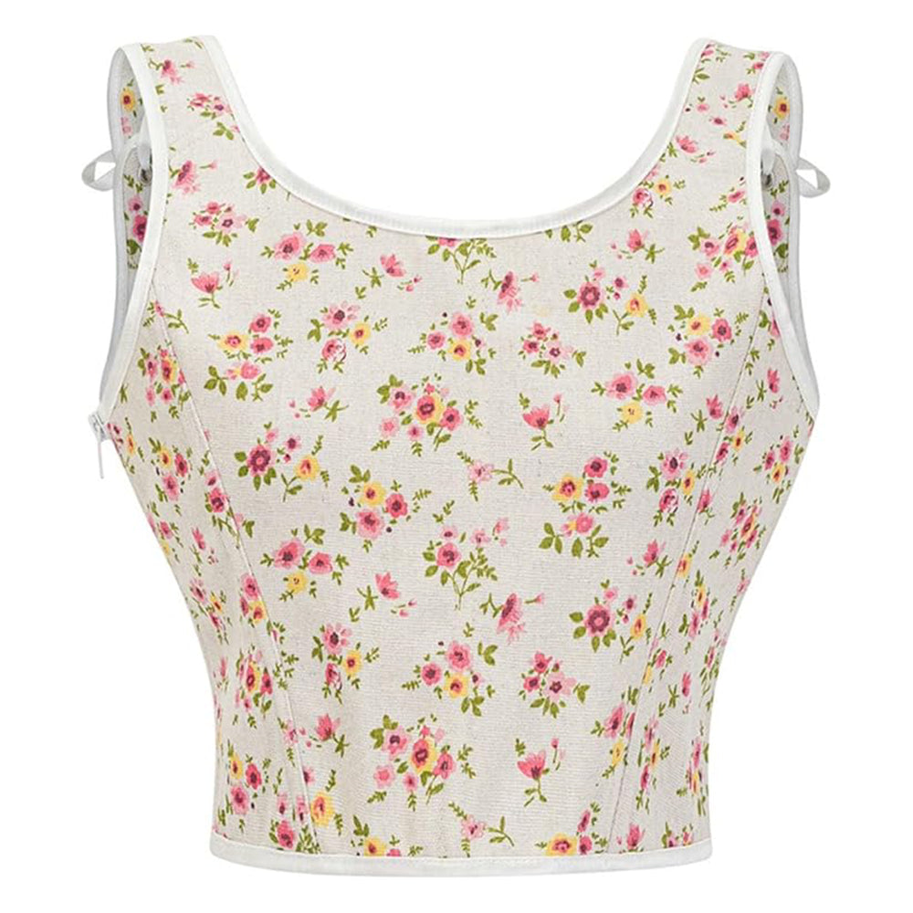 Vintage Floral Print Lace-Up Front U-Back Corset Top