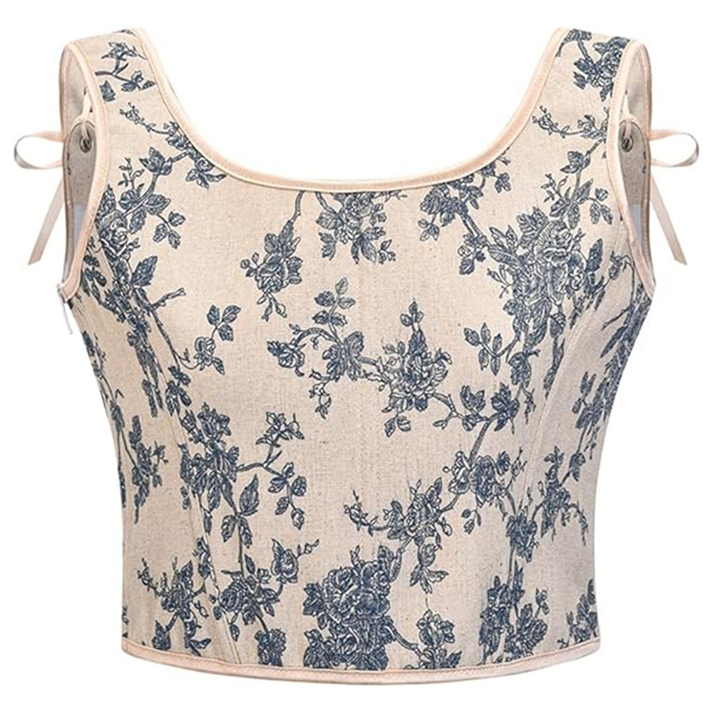 Vintage Floral Print Lace-Up Front U-Back Corset Top