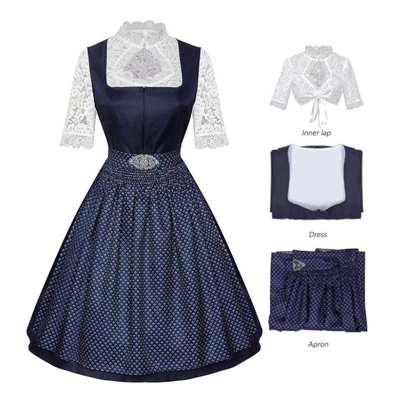 Oktoberfest Bavarian Dirndl Dress with Apron and Lace Blouse