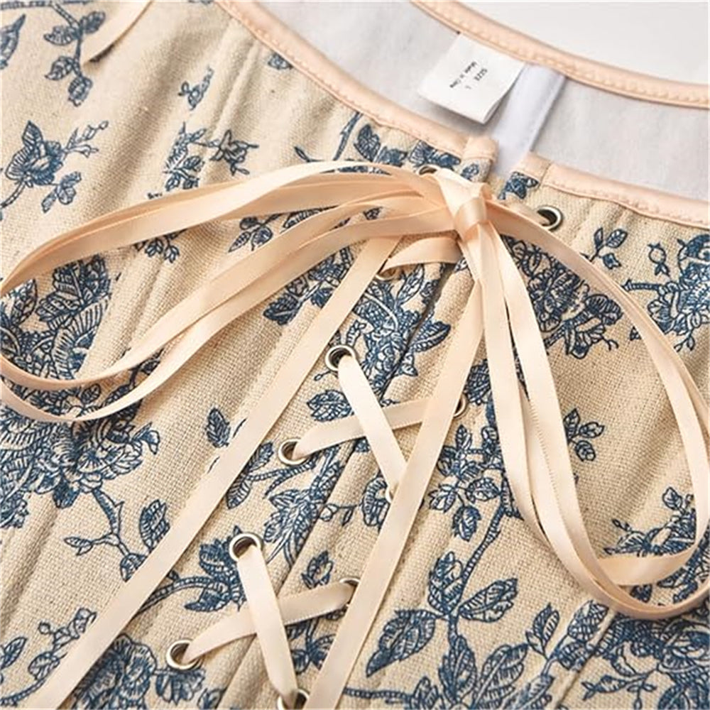 Vintage Floral Print Lace-Up Front U-Back Corset Top