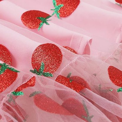 Women's 1950s Pink Strawberry Print Tie Strap Sweetheart Neck A-Line Dress