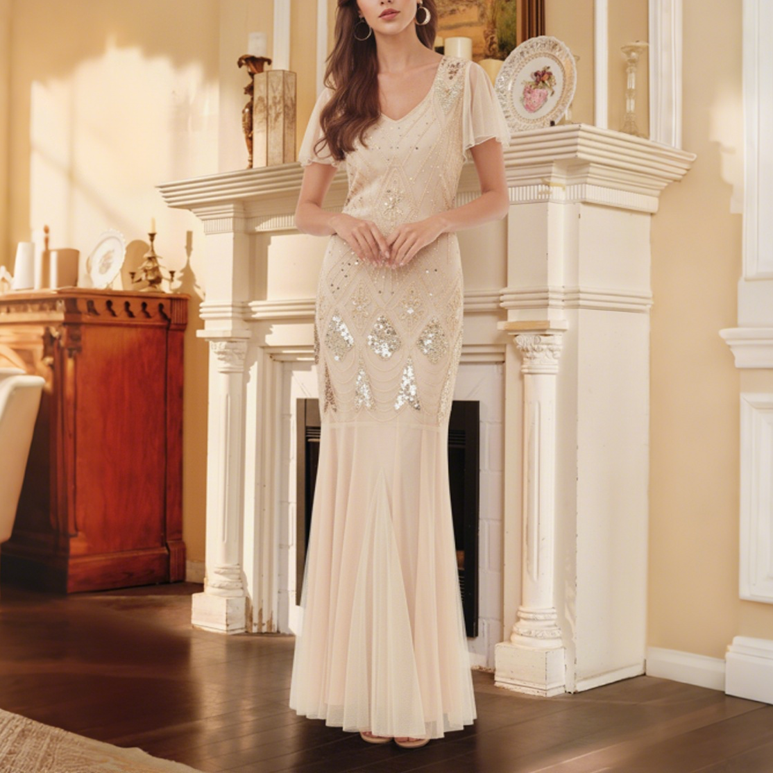 1920s Champagne Flapper Dress Evening Gown for Stunning Elegance retrorobe 1920s Champagne Flapper Dress Evening Gown for Stunning Elegance retrorobe