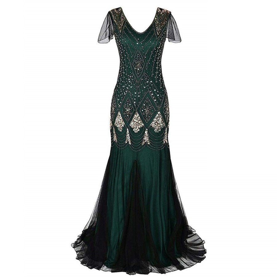 Green Art Deco Beaded Mermaid Gown