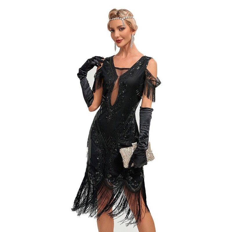 Plunging V-Neck Beaded Flapper Dress