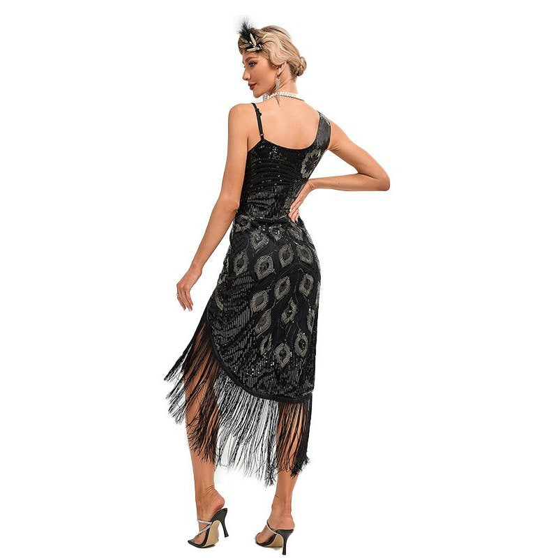 Irregular Tassel Hem Peacock Flapper Dress