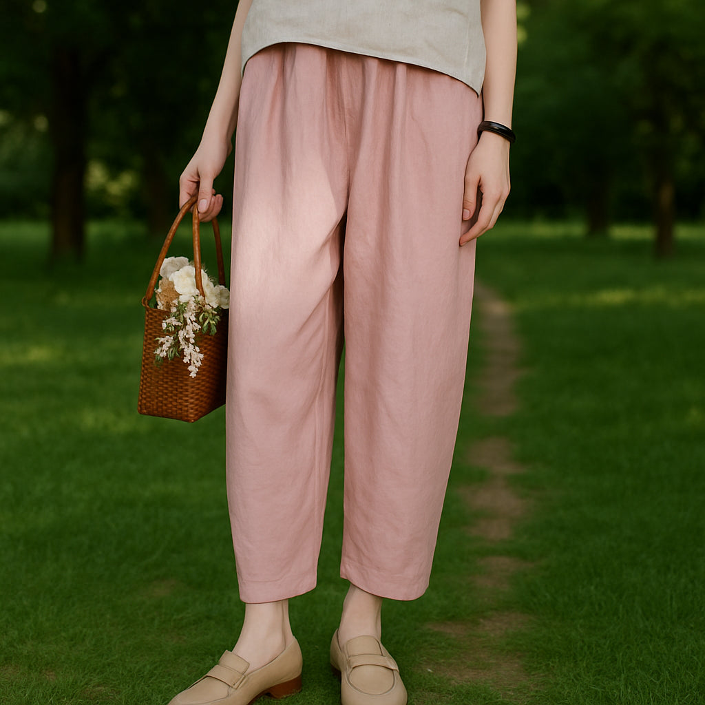Vintage Loose Fit Pink Linen Pants - Retrorobe