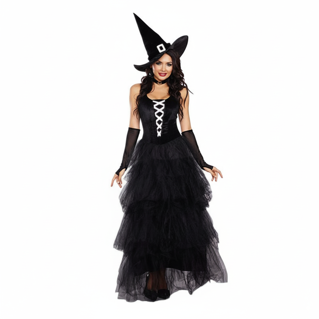 Black Witch Costume Long Tiered Tulle Dress with Hat Gloves