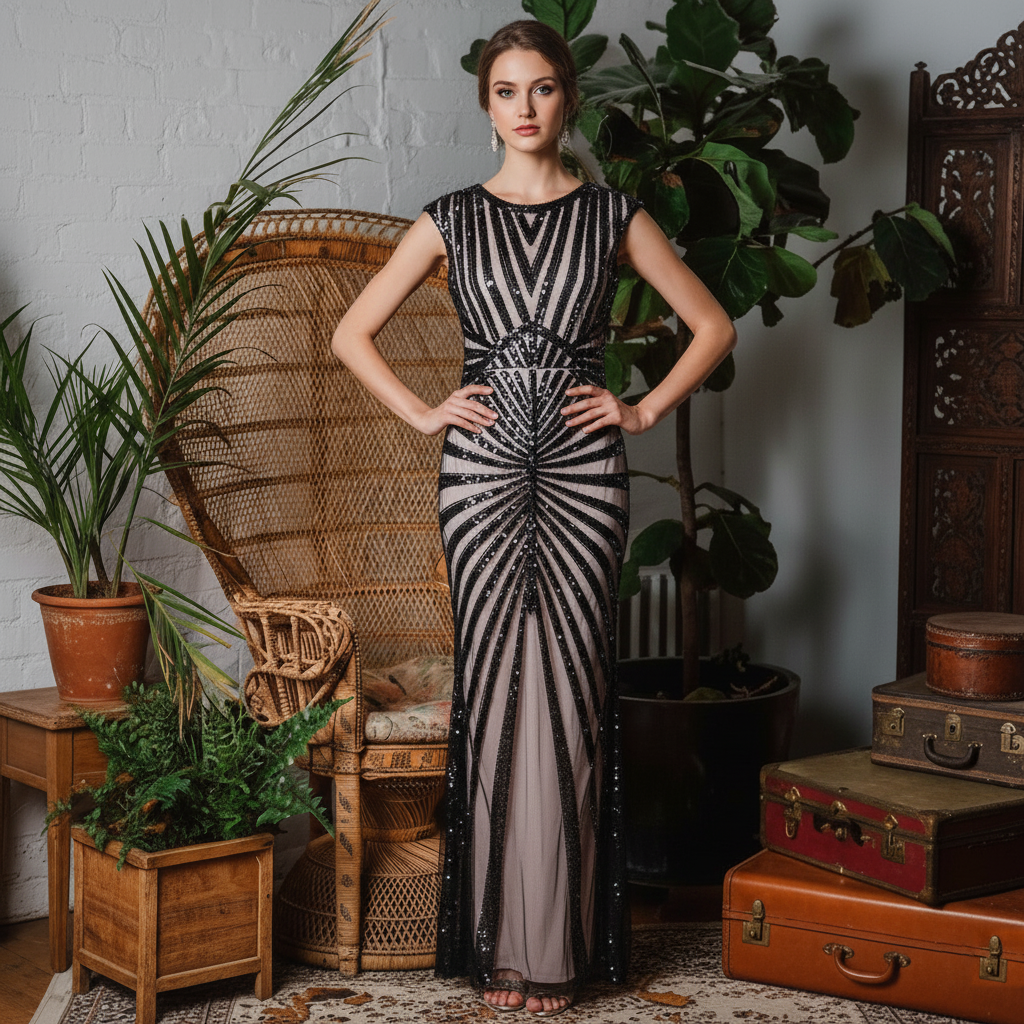 1920s Sequined Silver Evening Gown