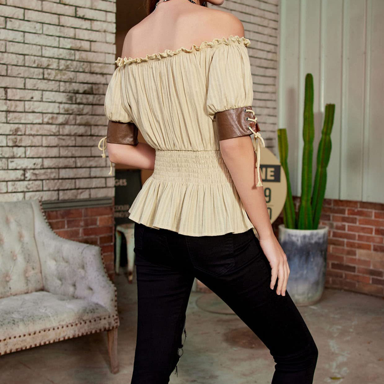 Renaissance Style Half Sleeve Lace-Up Blouse - Retrorobe