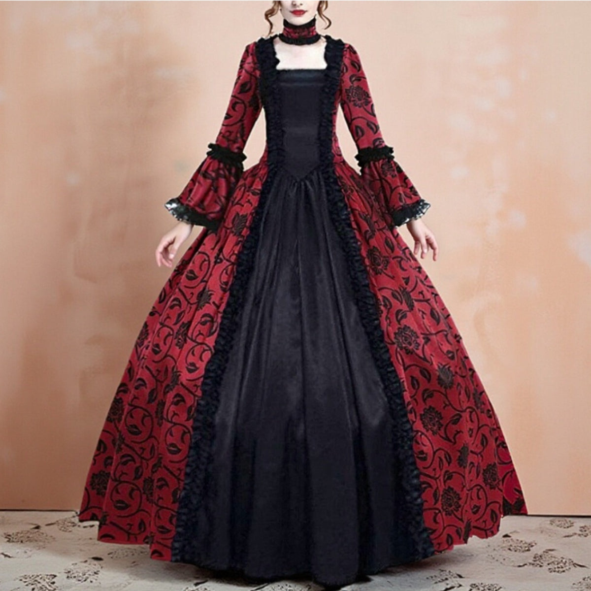 Women's Gothic Rococo Ball Gown Open Front Brocade Lace Ruffle Bell Sleeve for Halloween Masquerade Renaissance Fair, Red / S Women's Gothic Rococo Ball Gown Open Front Brocade Lace Ruffle Bell Sleeve for Halloween Masquerade Renaissance Fair, Red / S