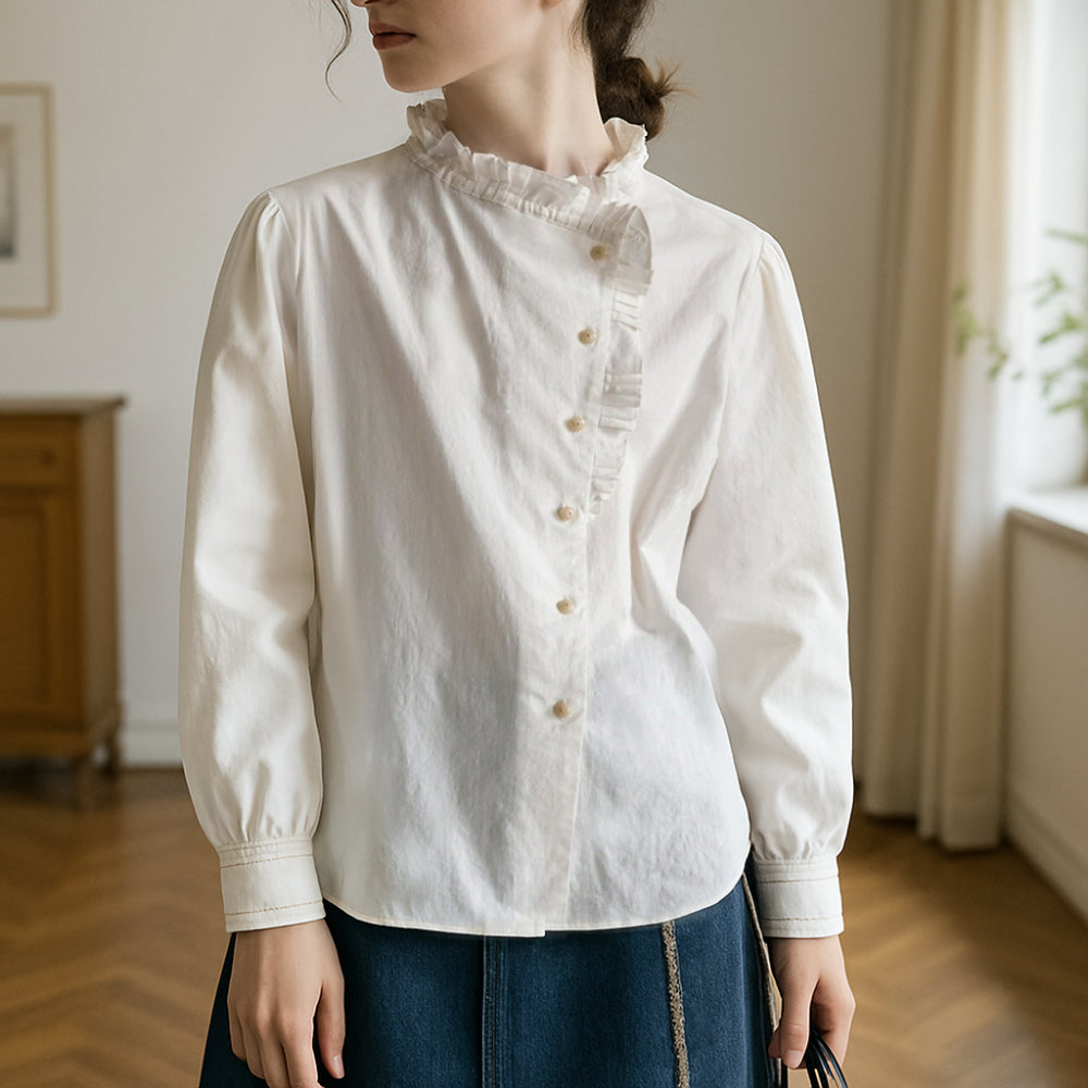 Vintage Cottagecore Style Ruffle Collar White Blouse - Retrorobe