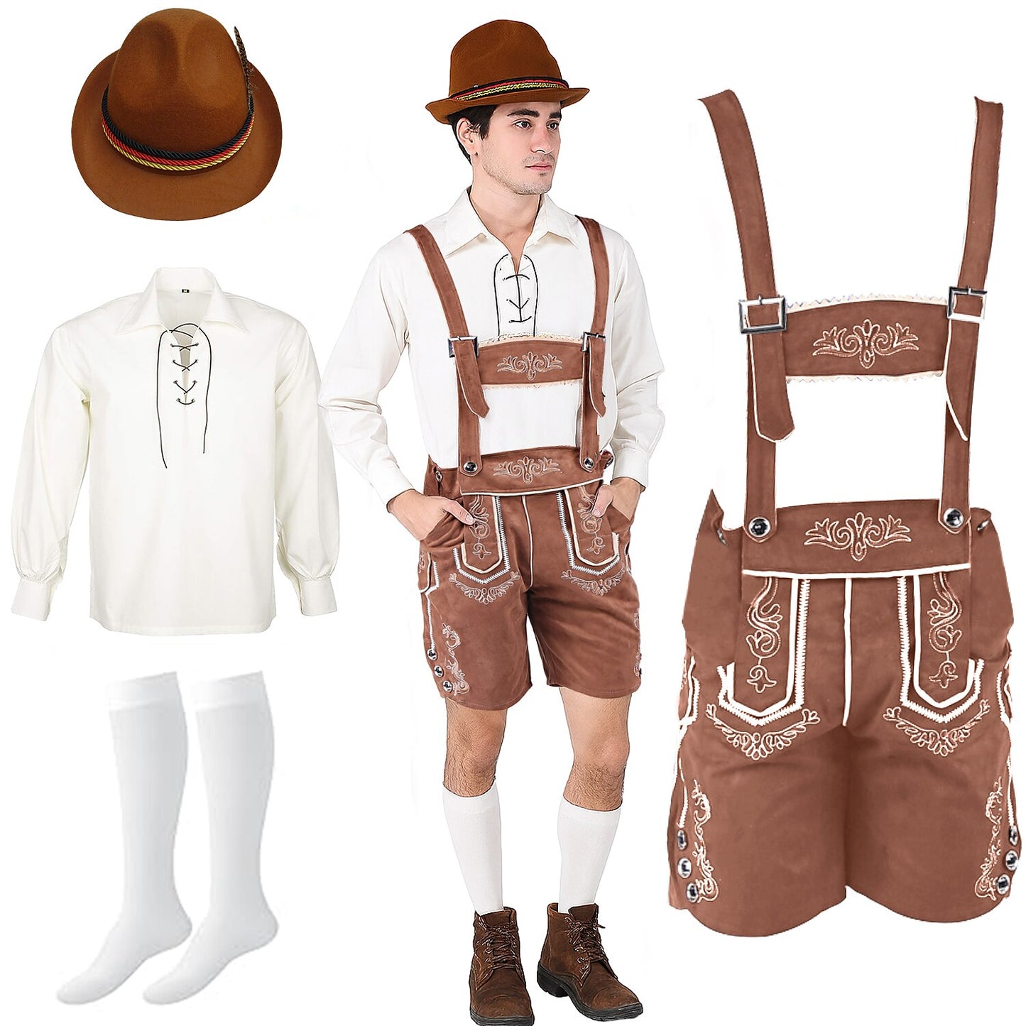 Oktoberfest Lederhosen Outfit Costume Set with Shirt, Hat, and Socks