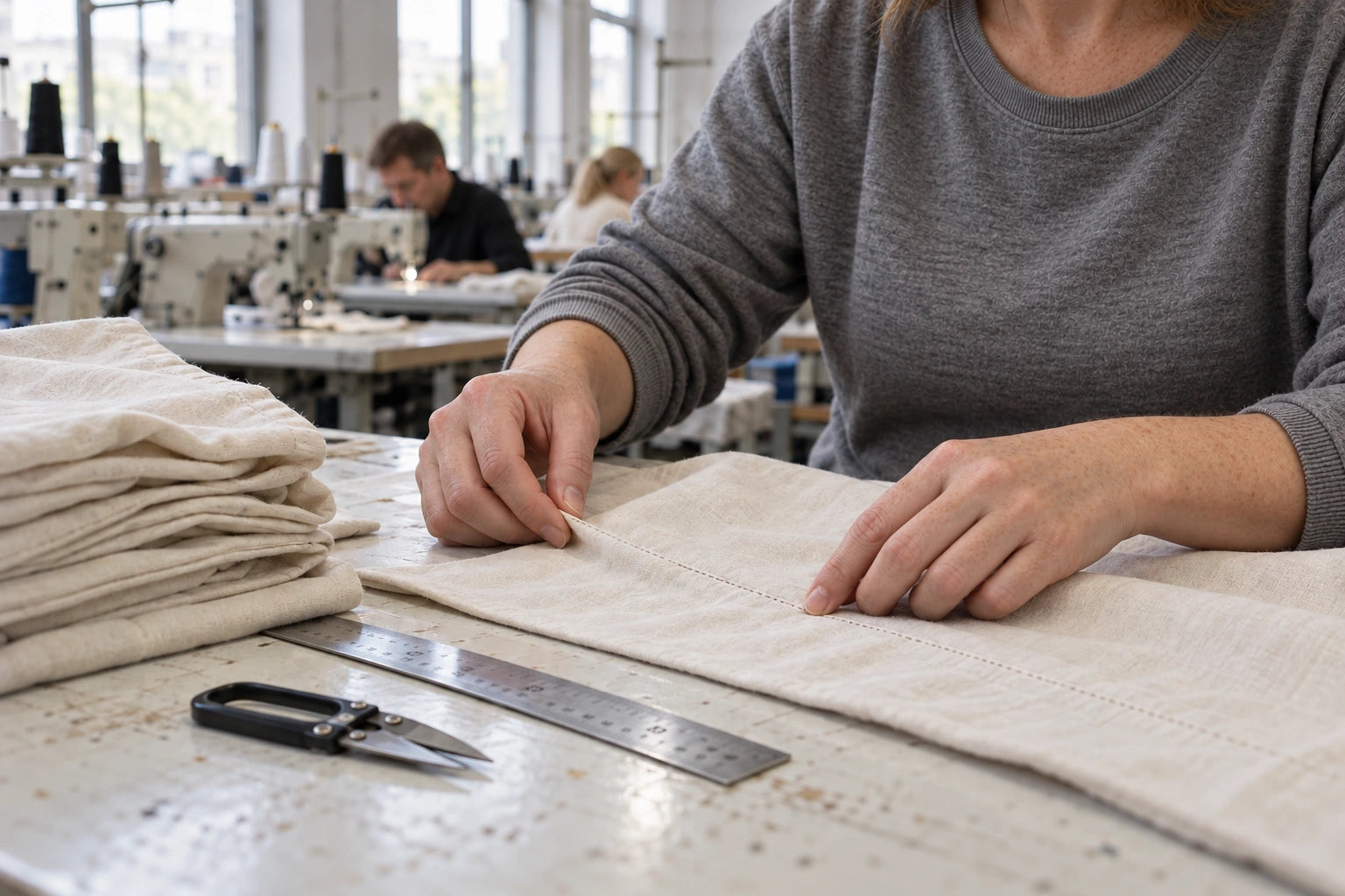 Illustration of hands examining a stitched seam on cream fabric