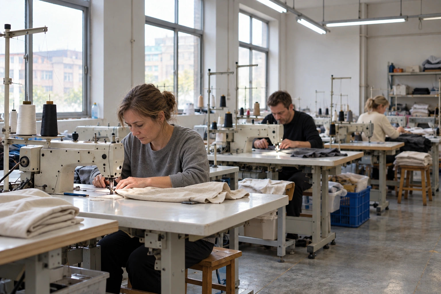 Illustration of people working at industrial sewing machines in a garment workshop