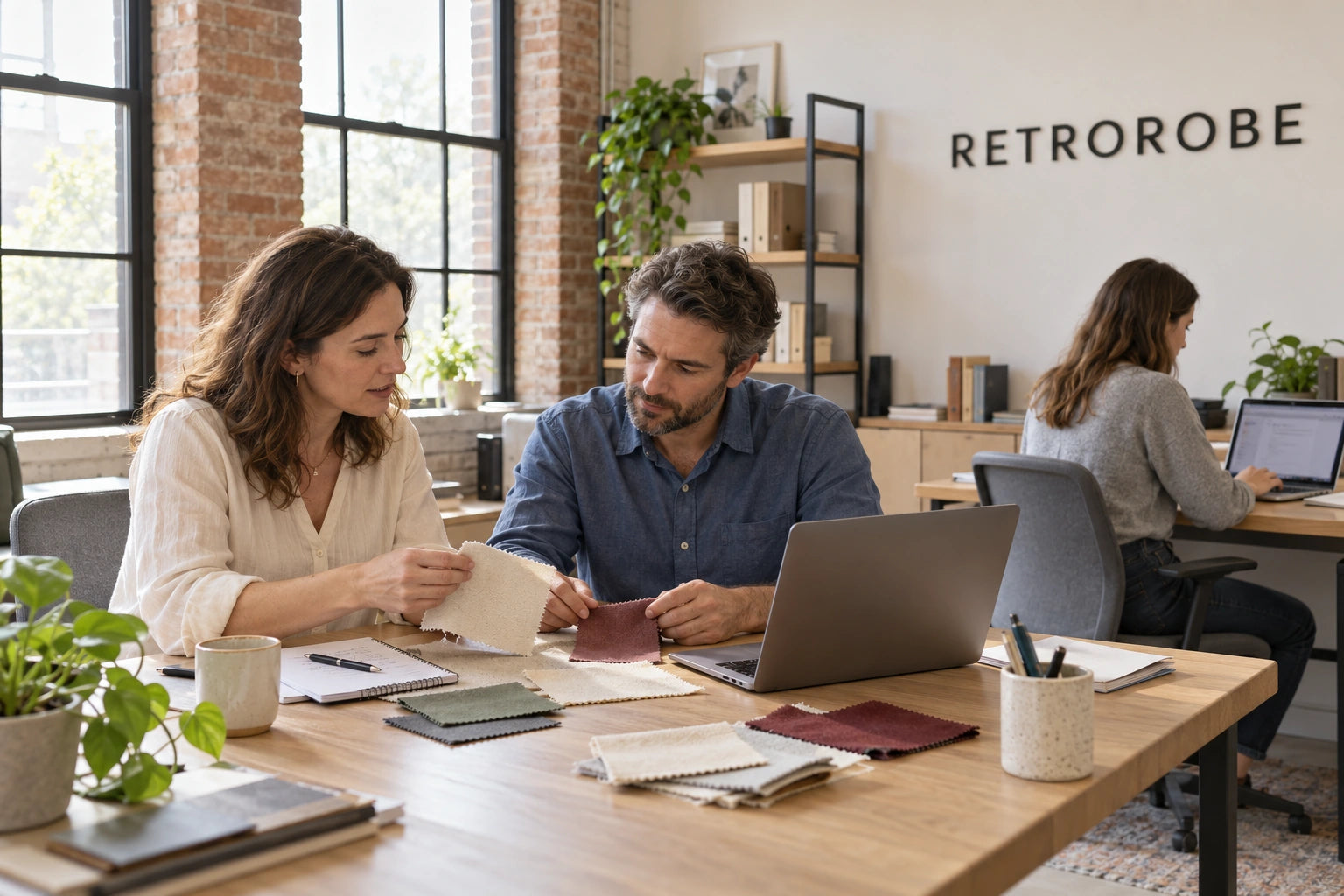 Illustration of a clothing brand team discussing fabric swatches in an office
