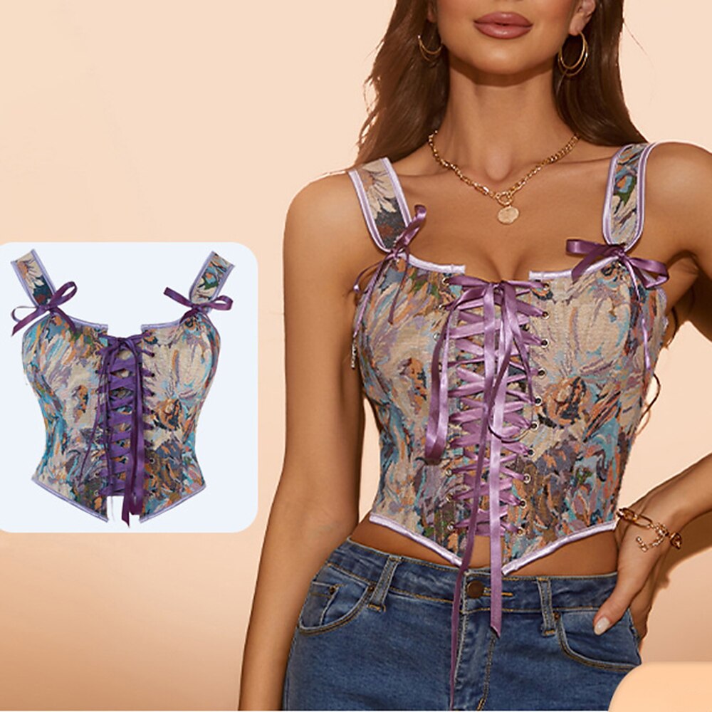Rococo Floral Lace-up Corset U-back Bustier - Retrorobe
