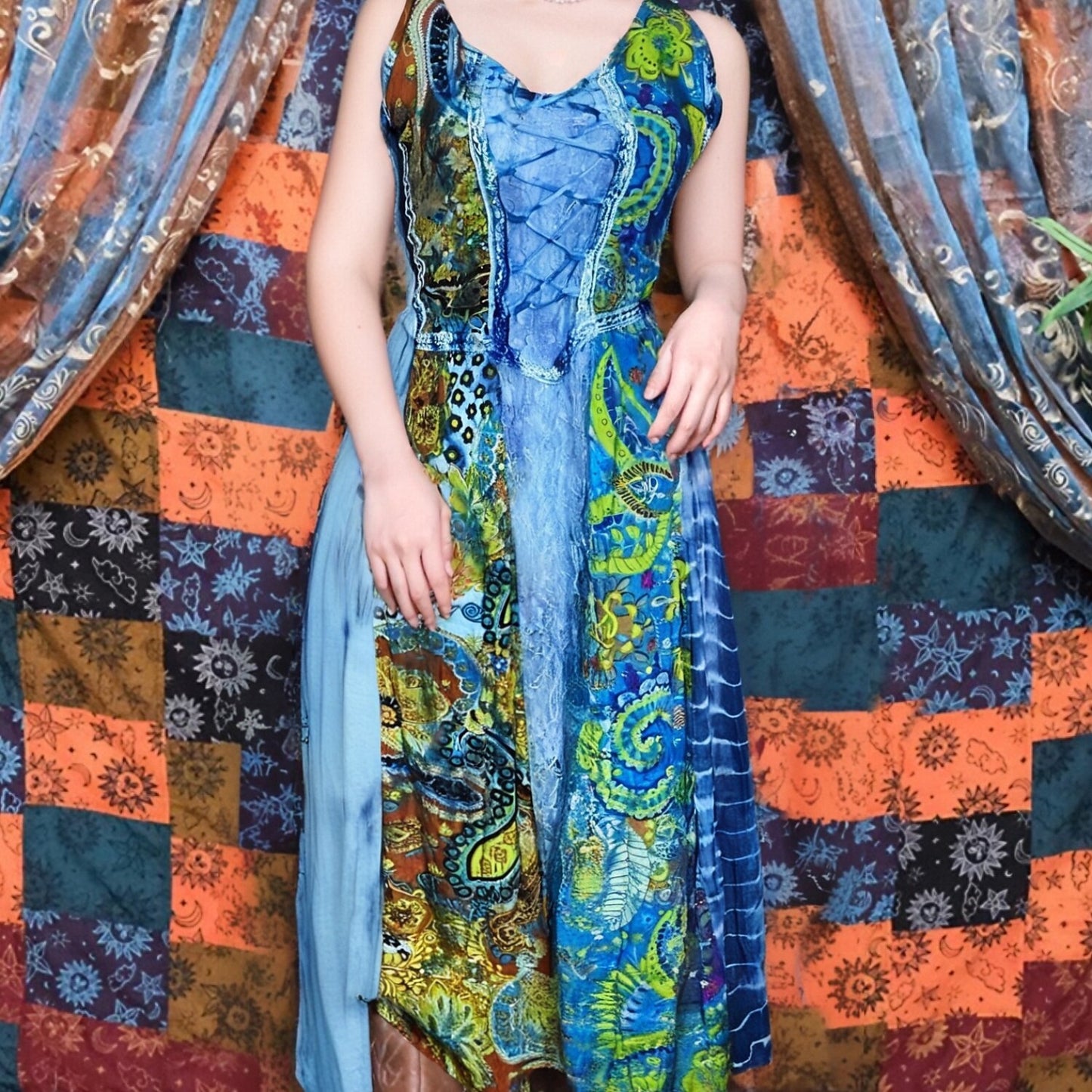 Boho Lace-Up Paisley Handmade Batik Maxi Dress