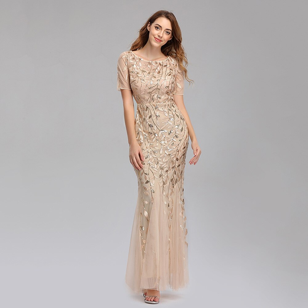 Mermaid Illusion Short Sleeve Sequin Gown