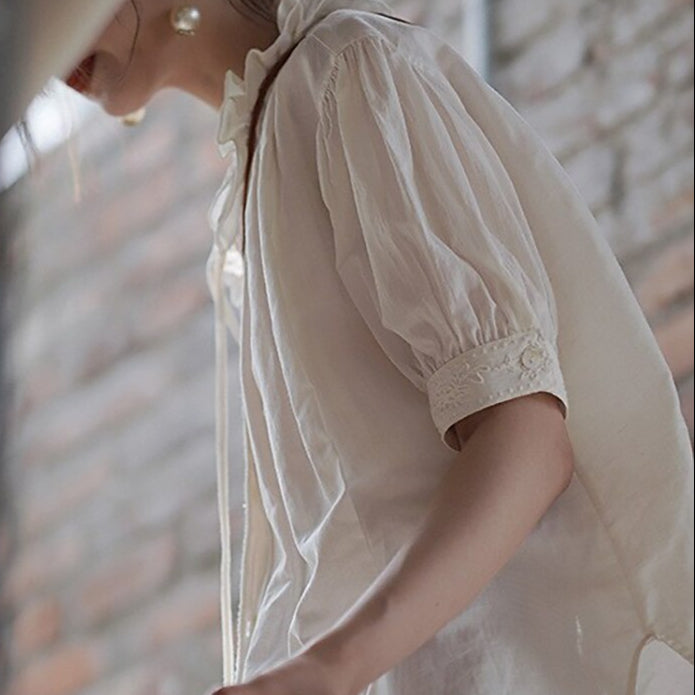 Vintage Tie-Neck Embroidered Ruffle Collar Puff Sleeve Blouse - Retrorobe