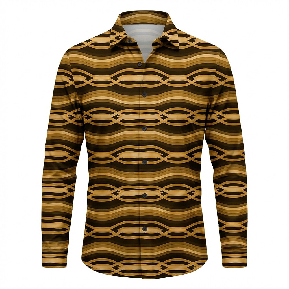 Retro 70S Wavy Geometric Stripe Pattern Long Sleeves Collar Shirt