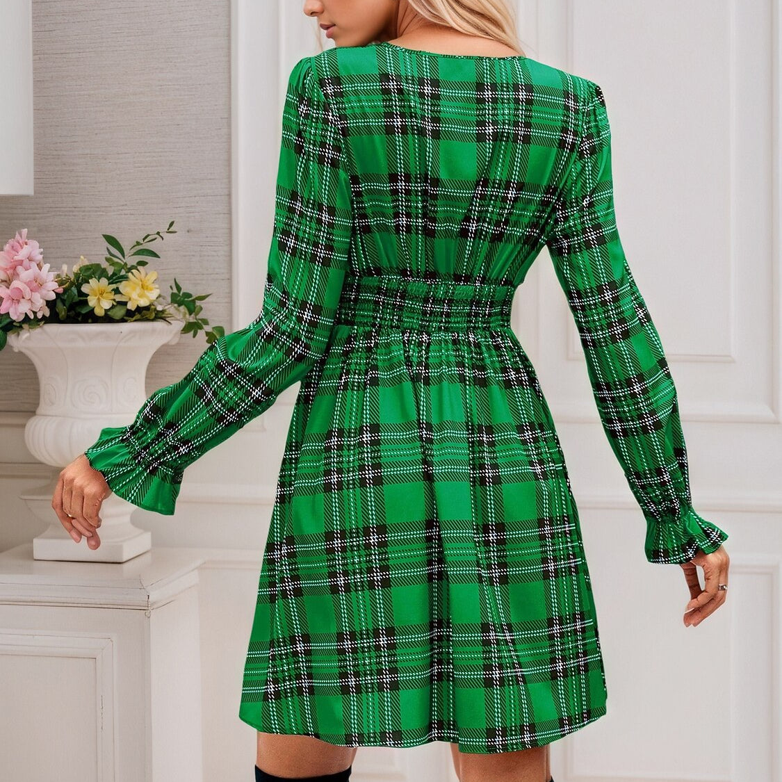 Plaid V-Neck Bow-Front Xmas Dress