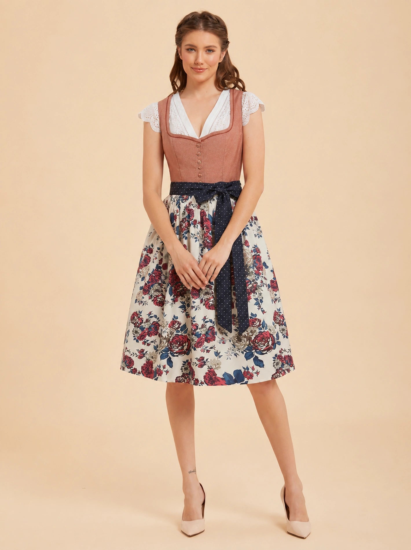 Women's Oktoberfest Chestnut Brown Midi Dirndl Dress with Floral Apron – retrorobe