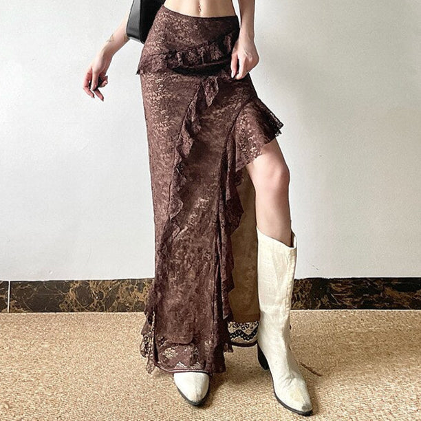 Gothic Style Asymmetrical Ruffled Lace Maxi Skirt - Retrorobe
