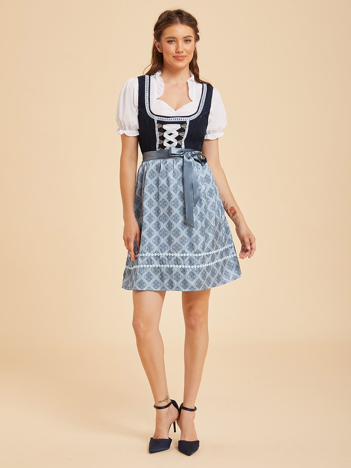 Oktoberfest Blue Mini Dirndl Dress with Lace-Up Bodice