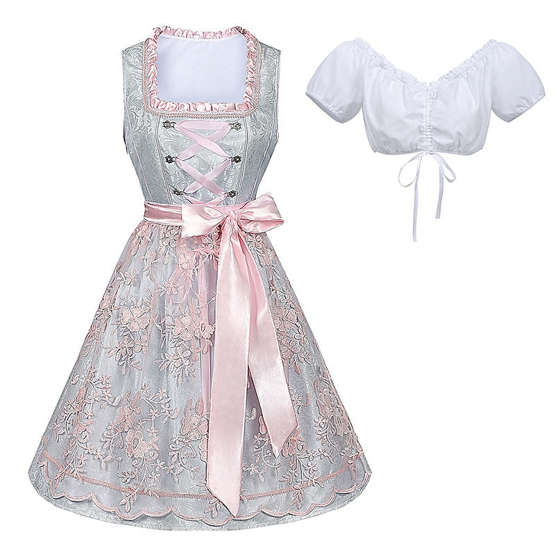 Costume d'Oktoberfest : robe rose Dirndl avec tablier et chemisier en dentelle