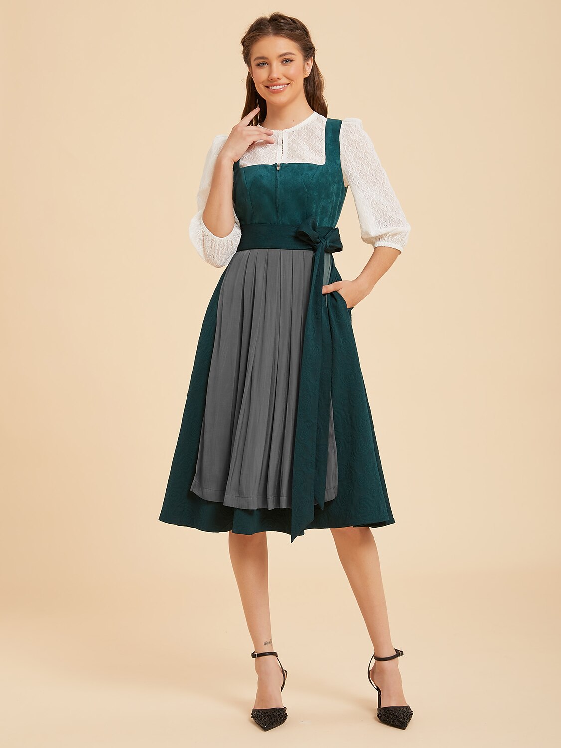green oktoberfest dress Dirndl Dress Women Green Oktoberfest Bavarian Traditional Midi Lace  Embroidery