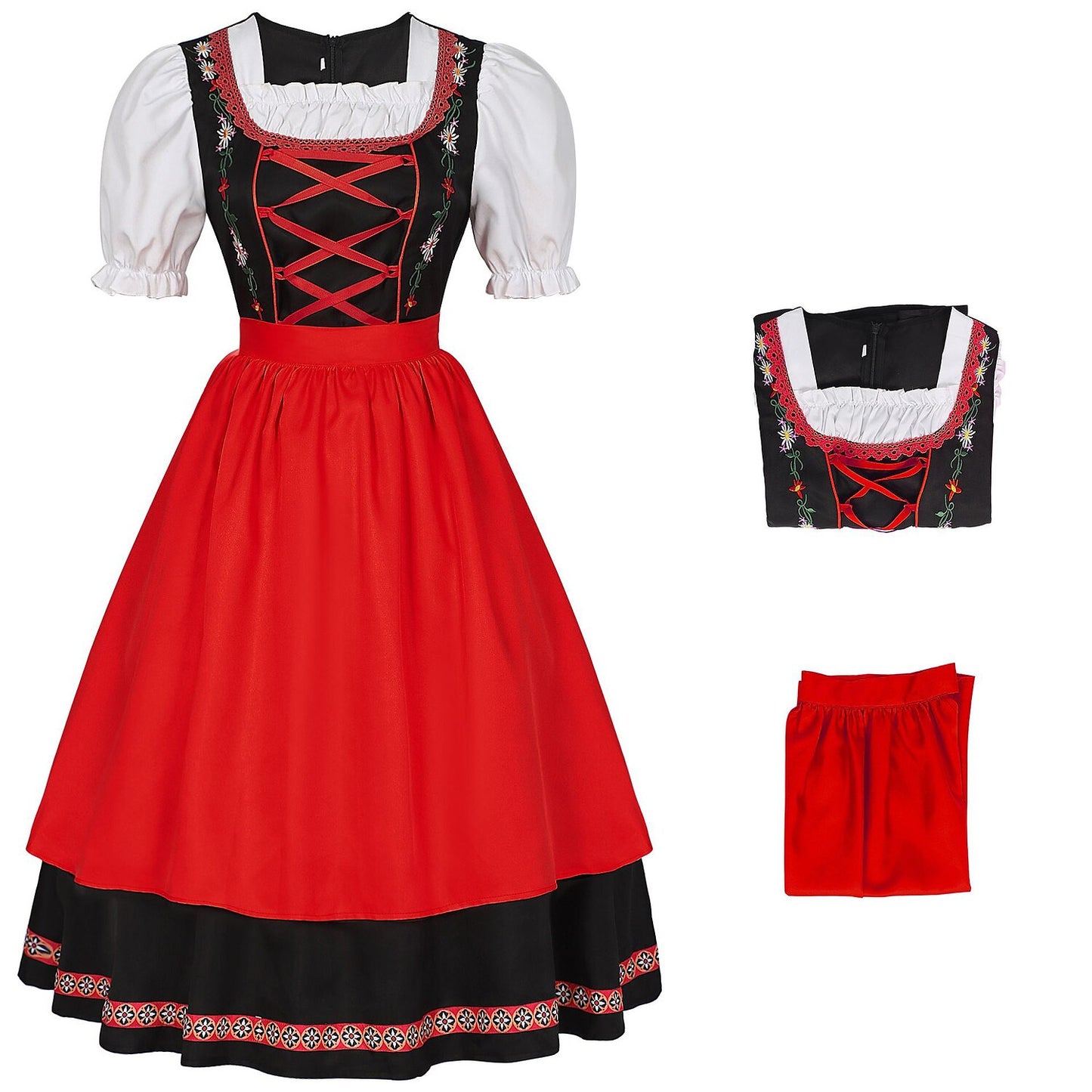 Oktoberfest Rot Schwarz Besticktes Dirndlkleid mit Schürze