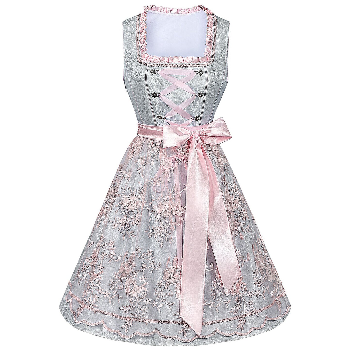 Costume d'Oktoberfest : robe rose Dirndl avec tablier et chemisier en dentelle