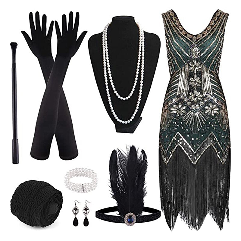 Green Flapper Dress with ACCs