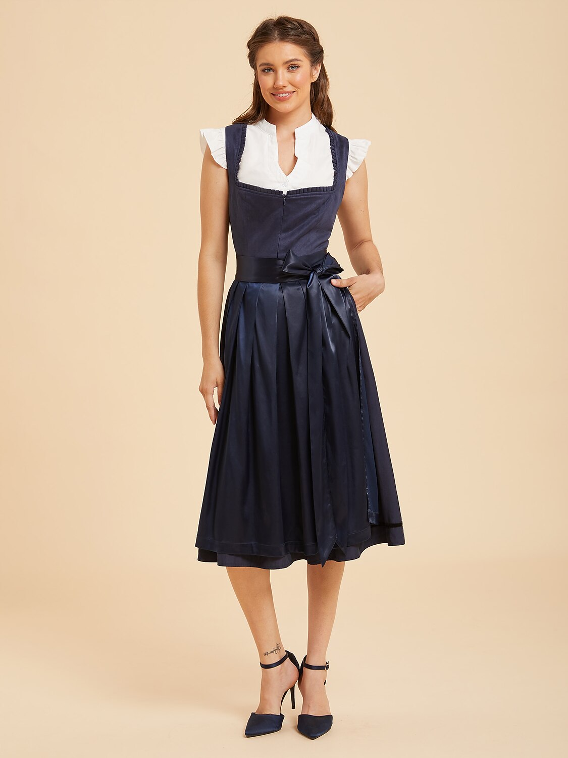 Navy Blue Midi Dirndl Dress with Satin Apron & Pockets