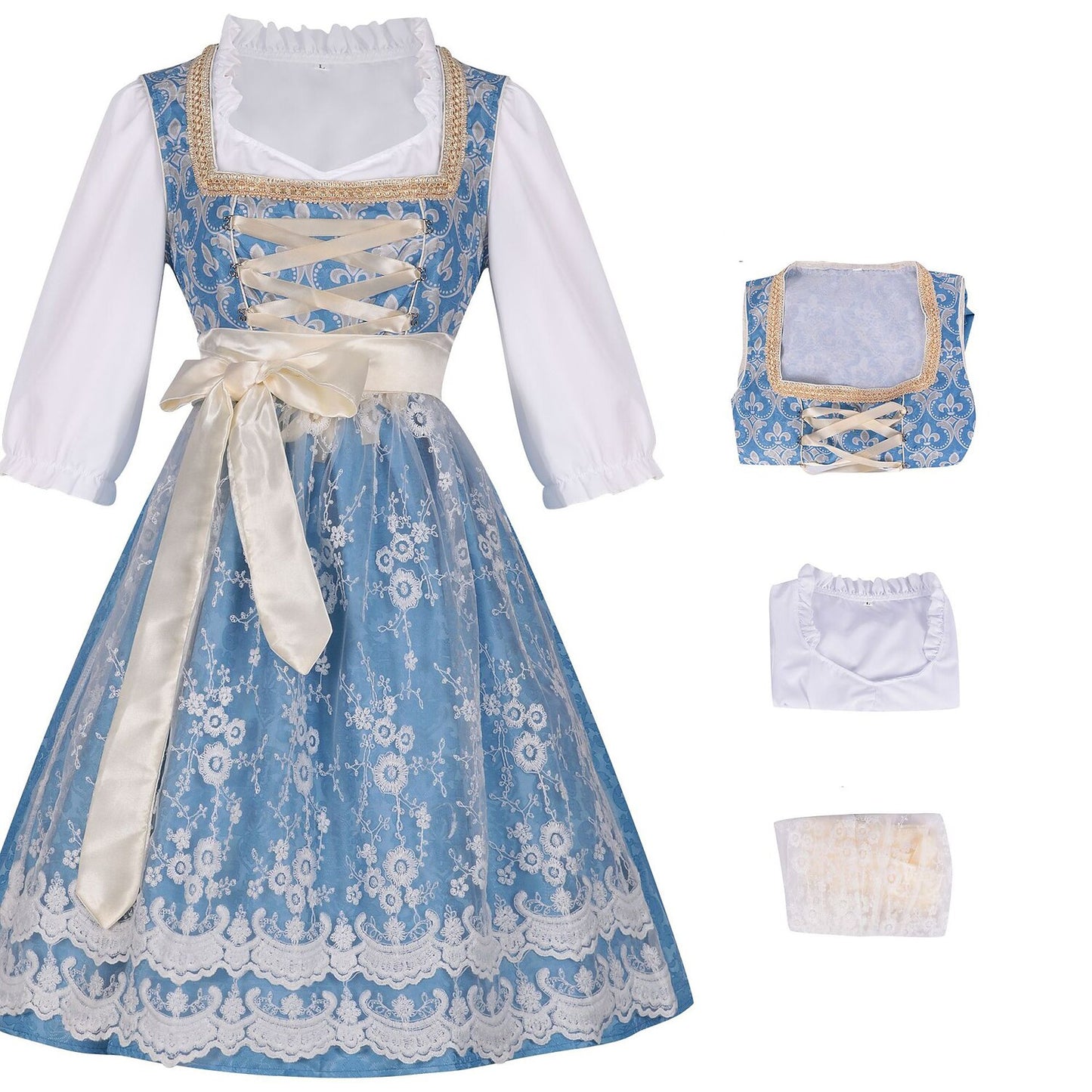 Oktoberfest Costume Blue Dirndl Dress with Blouse and Lace Apron - Retrorobe